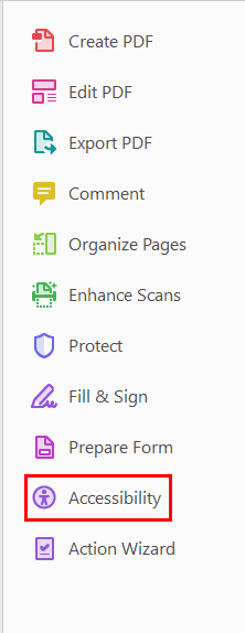 Adobe toolbar with Accessibility highlighted