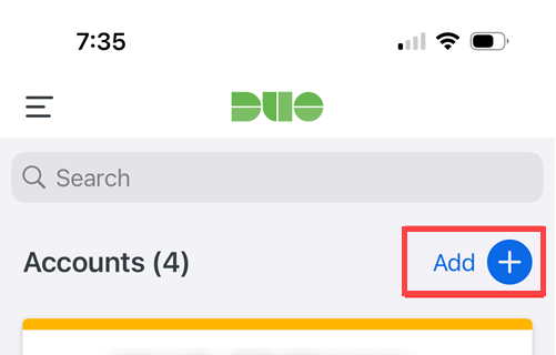 duo mobile app configuration screen where you add another account.