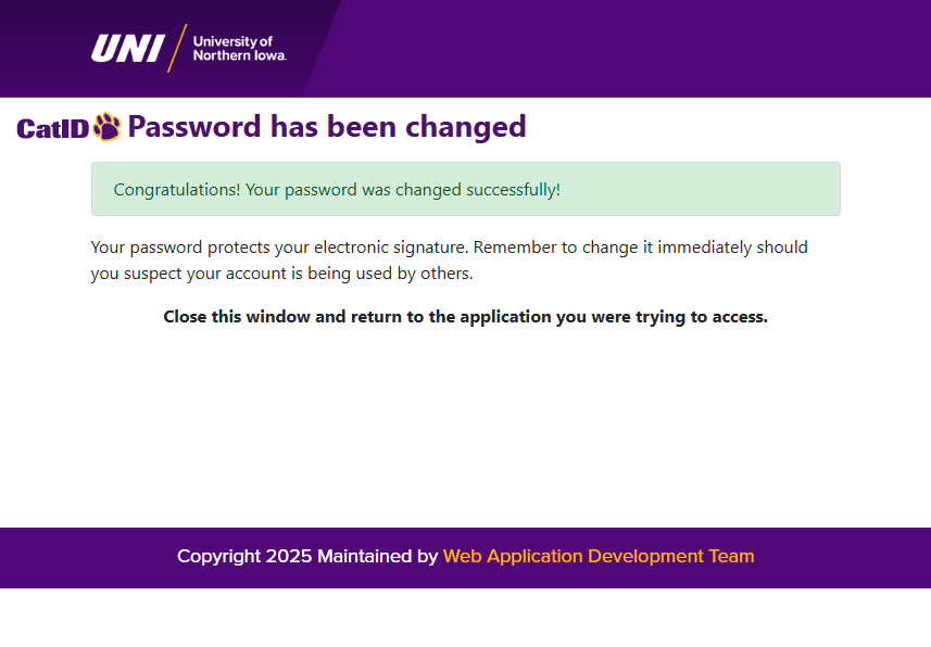 catid change password success screen. The text tells you that you can close this window now because you have successfully changed your password.