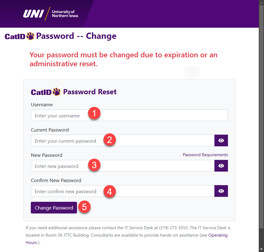 CatID password page asking you to set up your own password. There are boxes for your username, current password, and to enter and re-enter your new password.