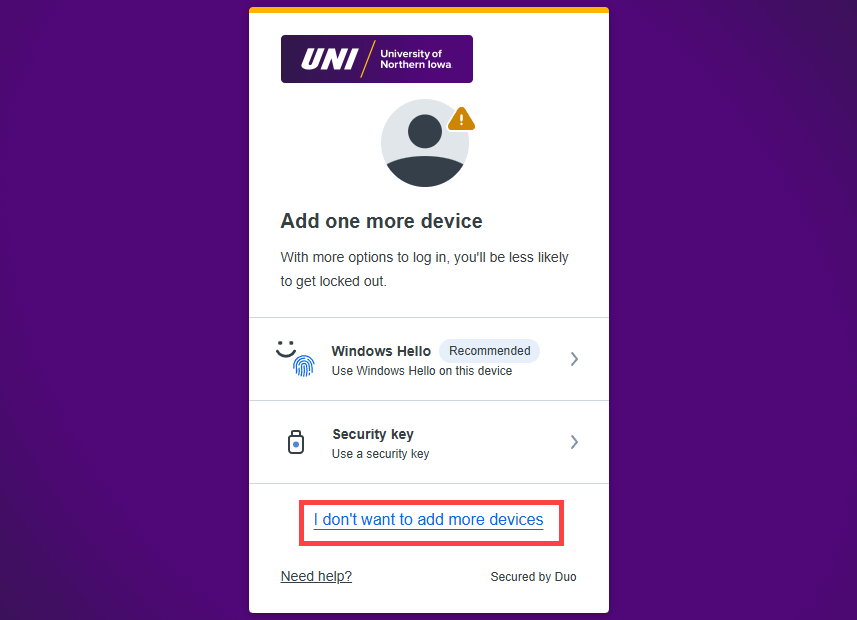 duo mfa configuration screen asking if you want to add more devices. Click you do not at the bottom.