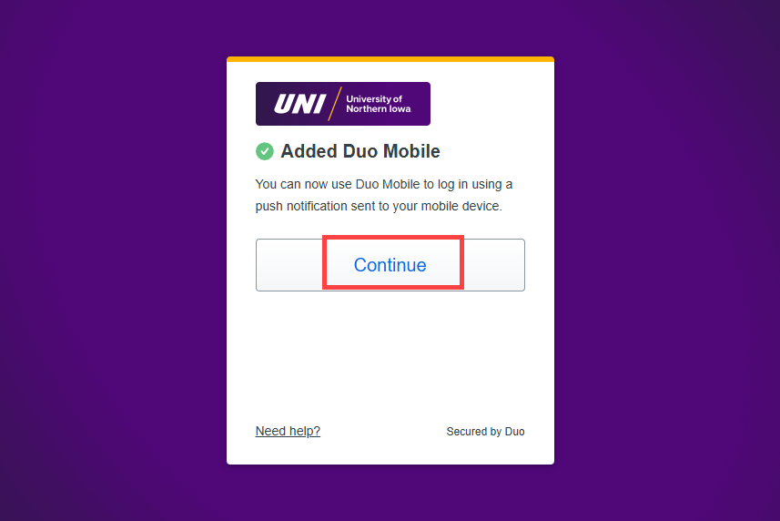 duo security screen telling you that you successfully added duo to your phone. Click continue.