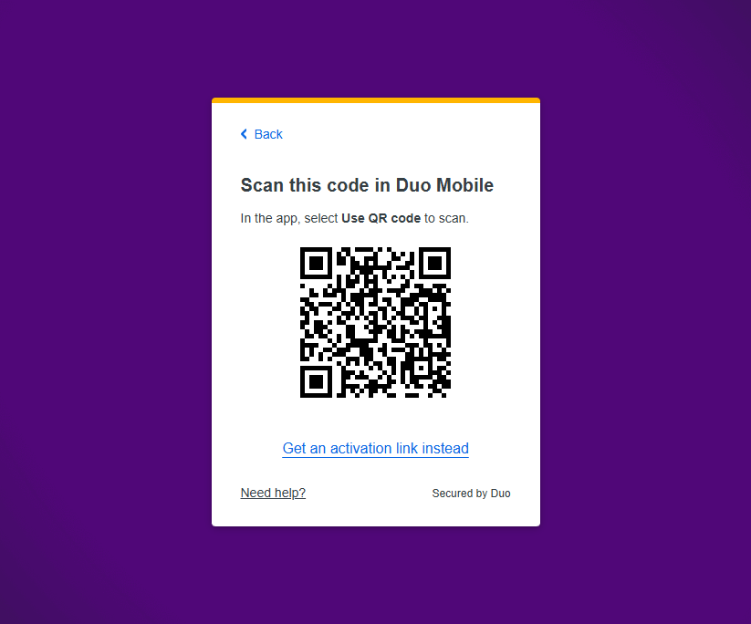 QR code for you to scan with the duo mobile app in order to automatically configure your UNI Duo account. 