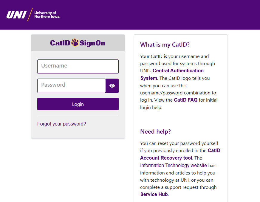 screen shot of the standard UNI CatID login page waiting for the user to enter their username and password