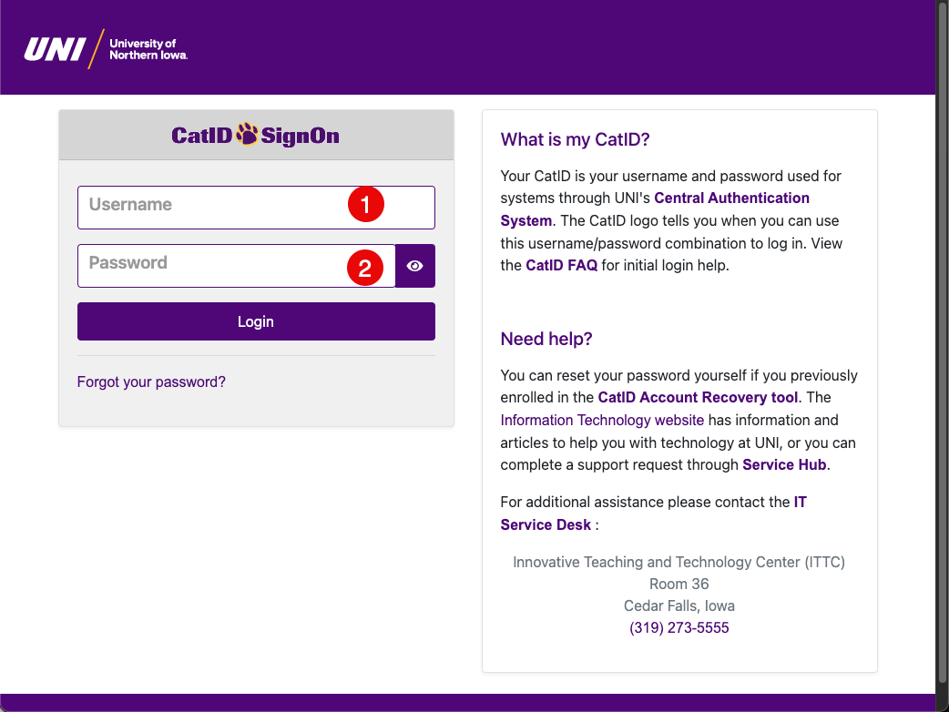 screen shot of the catID login screen for UNI Works. First enter your username and then your password.