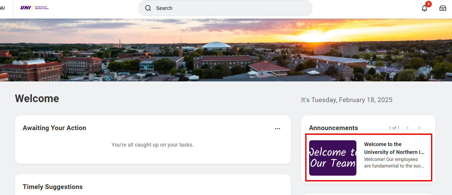 screen shot of the home page for UNI Works showing the announcements section and a welcome message. Click on the welcome message.