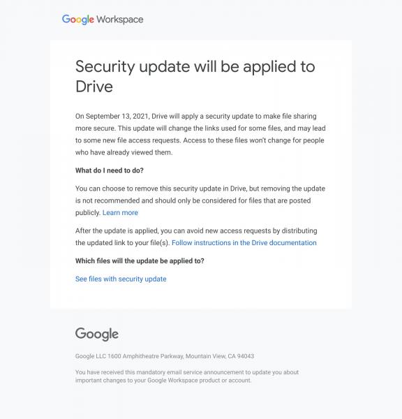 Example email being sent to users with impacted files. 