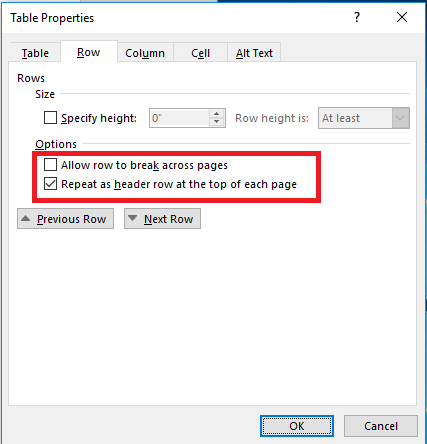 Table Properties dialog box with Repeat as header row at the top of each page highlighted