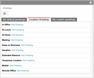 The various location greeting settings available to be set with a custom recording