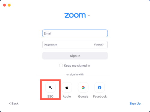 zoom login screen with the sso option highlighted