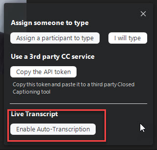 zoom options menu for live transcriptions choosing to do auto live transcription
